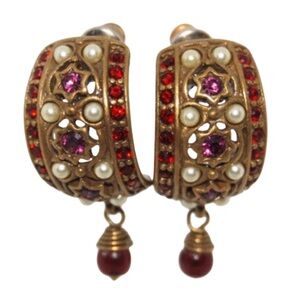 Designer Phillip Bloch Victorian Revival Red Garnet Post Hoop Earrings W Pearls